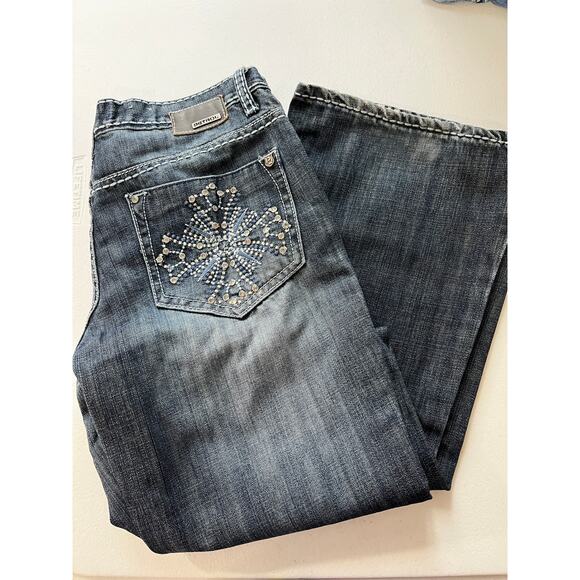 Petrol Alex Boot Cut Dark Blue Jeans White Stitching Low Rise Rhinestone Design - Picture 1 of 8